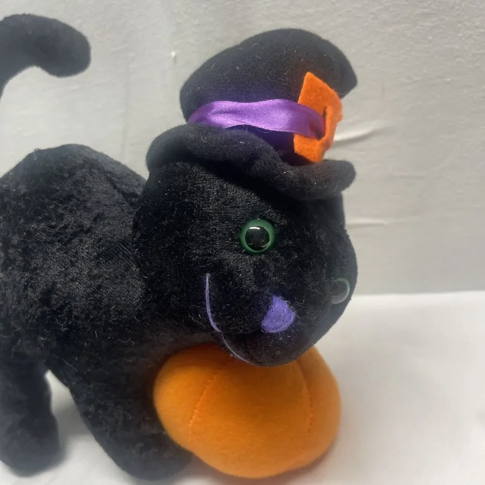 Vintage Halloween Plush Black Cat Hat Pumpkin Arched Back Decoration Fall Autumn